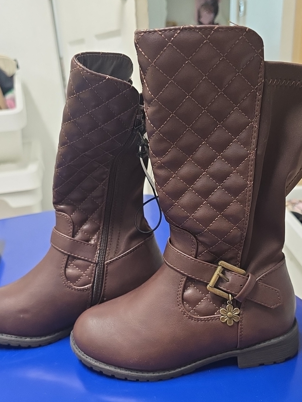 Kids Brown Quilted Mid-Calf Boots with Buckle Detail